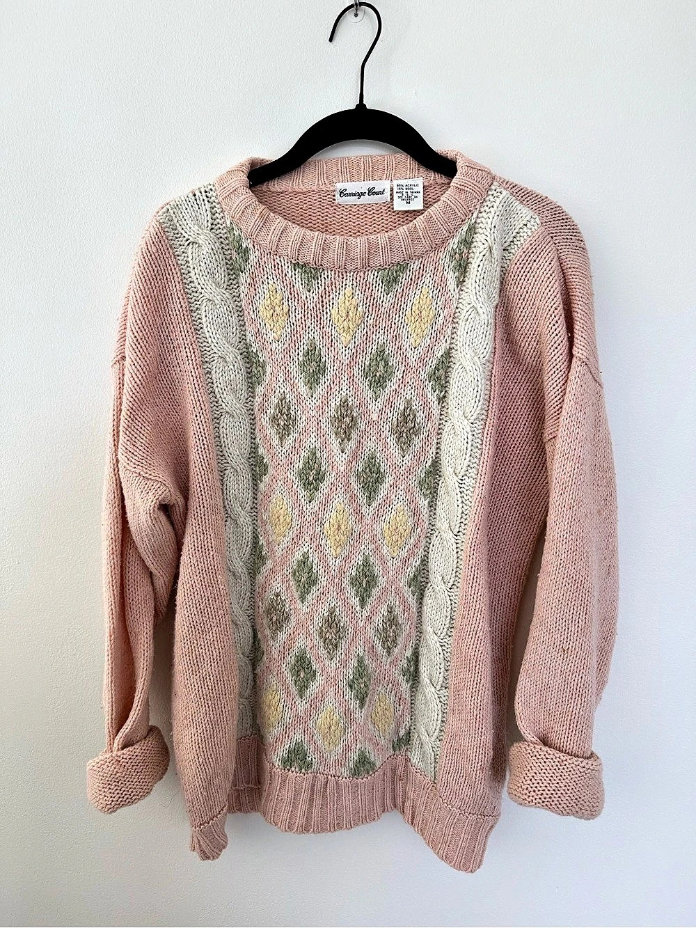 Carriage Court Wool Blend Geometric Knit Sweater in Pink & Green Size Medium
